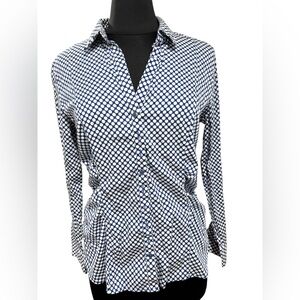 NY & Co Women's Blue/White Patterned Button-Up Longsleeve Blouse-size Large